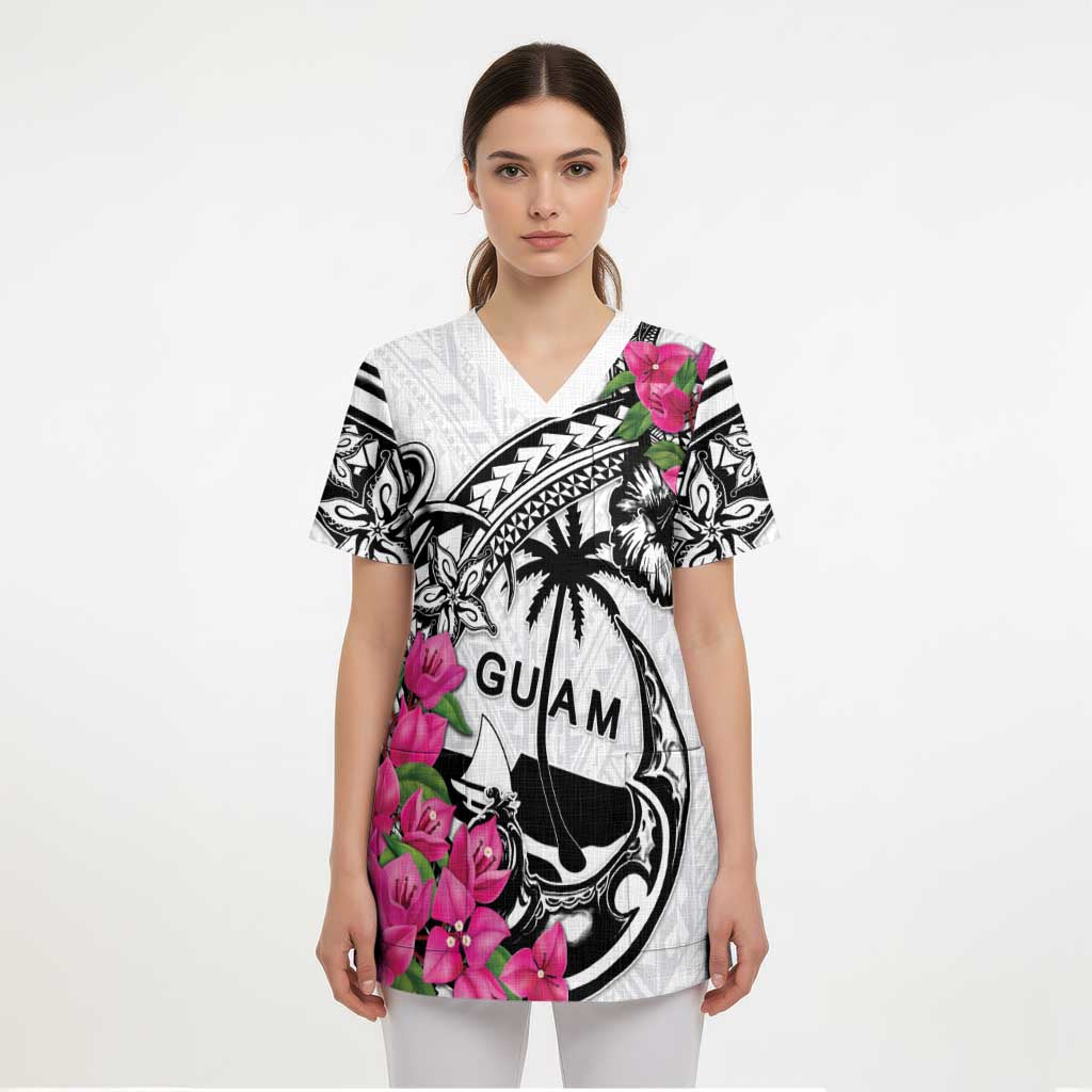 Guam Chamorro Scrub Top Bougainvillea White Polynesian Tribal Pattern LT05 - Polynesian Pride