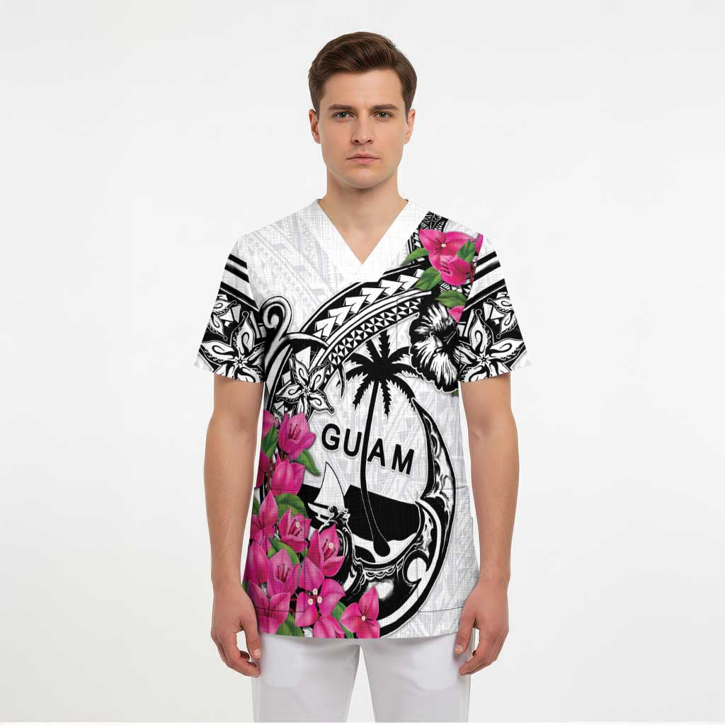 Guam Chamorro Scrub Top Bougainvillea White Polynesian Tribal Pattern LT05 - Polynesian Pride