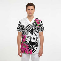 Guam Chamorro Scrub Top Bougainvillea White Polynesian Tribal Pattern LT05 - Polynesian Pride