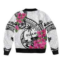 Guam Chamorro Sleeve Zip Bomber Jacket Bougainvillea White Polynesian Tribal Pattern