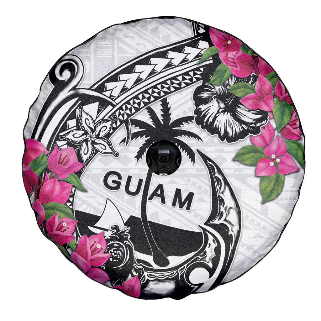 Guam Chamorro Spare Tire Cover Bougainvillea White Polynesian Tribal Pattern