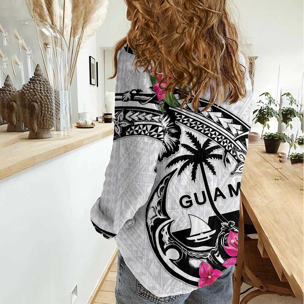 Guam Chamorro Women Casual Shirt Bougainvillea White Polynesian Tribal Pattern