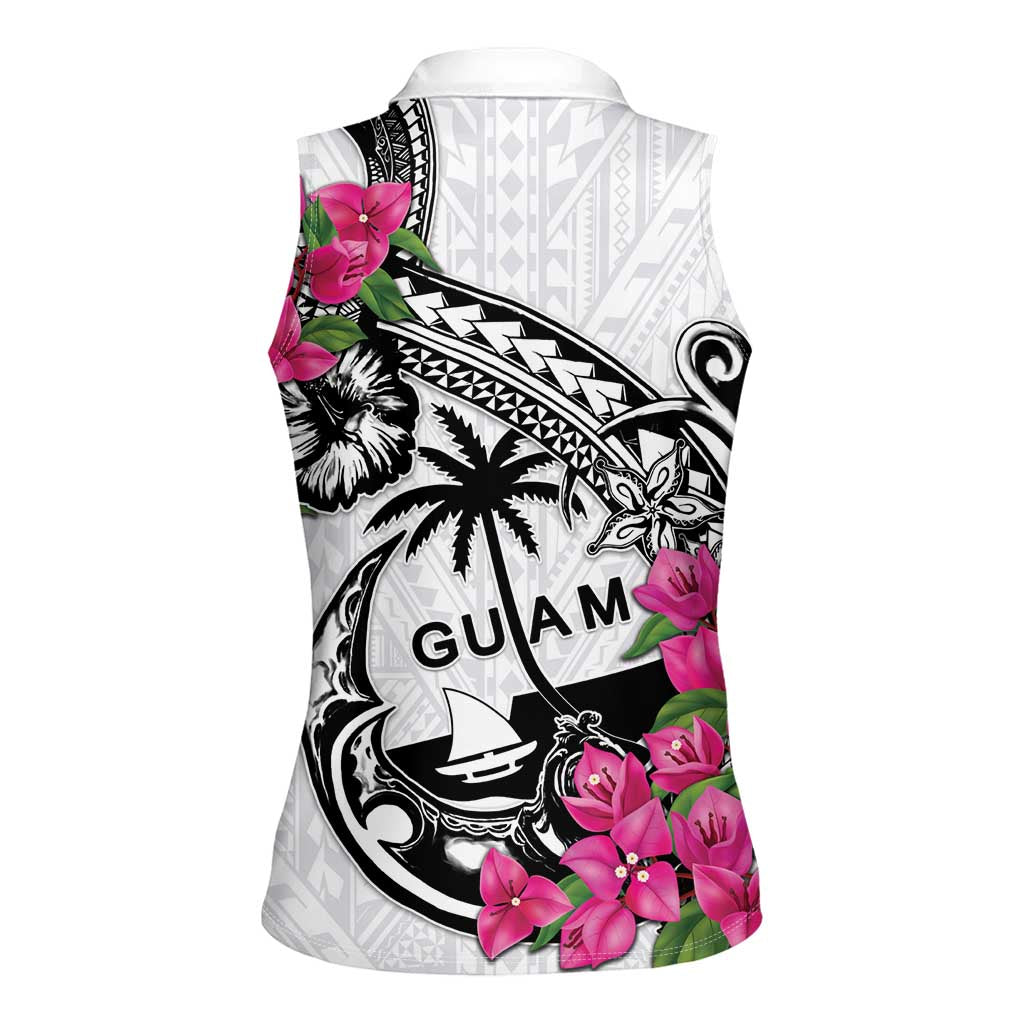 Guam Chamorro Women Sleeveless Polo Shirt Bougainvillea White Polynesian Tribal Pattern LT05 - Polynesian Pride