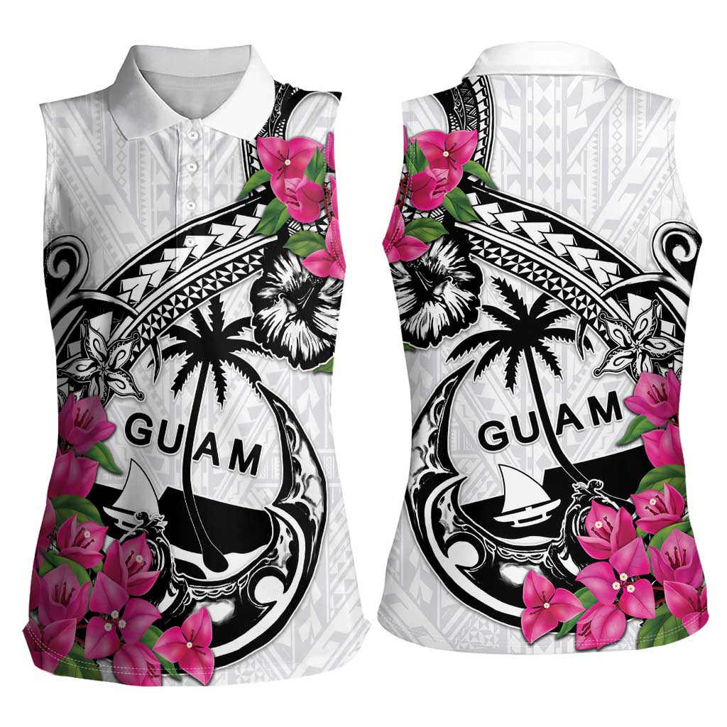 Guam Chamorro Women Sleeveless Polo Shirt Bougainvillea White Polynesian Tribal Pattern LT05 - Polynesian Pride