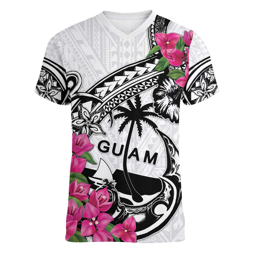 Guam Chamorro Women V-Neck T-Shirt Bougainvillea White Polynesian Tribal Pattern LT05 Female White - Polynesian Pride