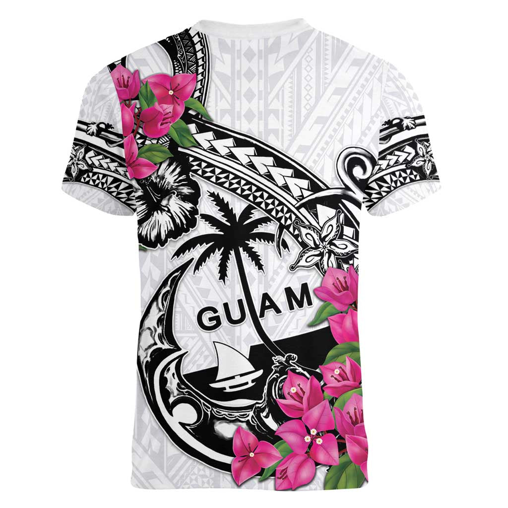 Guam Chamorro Women V-Neck T-Shirt Bougainvillea White Polynesian Tribal Pattern LT05 - Polynesian Pride