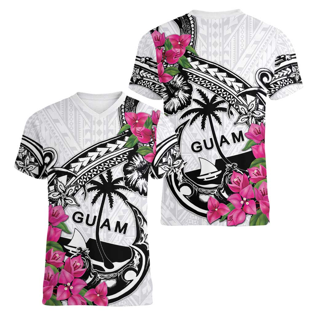 Guam Chamorro Women V-Neck T-Shirt Bougainvillea White Polynesian Tribal Pattern LT05 - Polynesian Pride