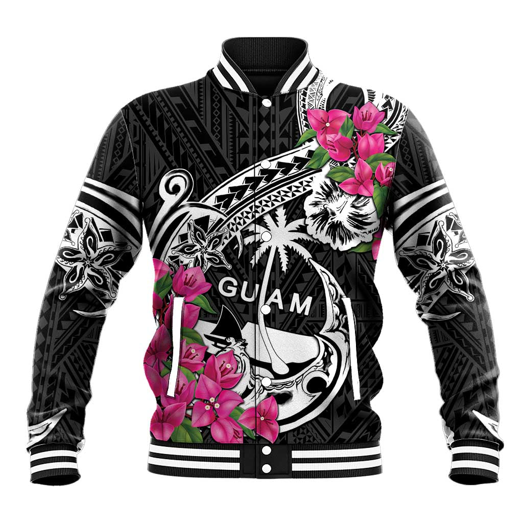 Guam Chamorro Baseball Jacket Bougainvillea Black Polynesian Tribal Pattern LT05 Unisex Black - Polynesian Pride