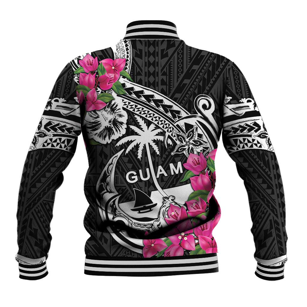 Guam Chamorro Baseball Jacket Bougainvillea Black Polynesian Tribal Pattern LT05 - Polynesian Pride