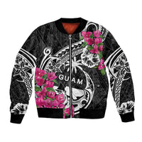 Guam Chamorro Bomber Jacket Bougainvillea Black Polynesian Tribal Pattern