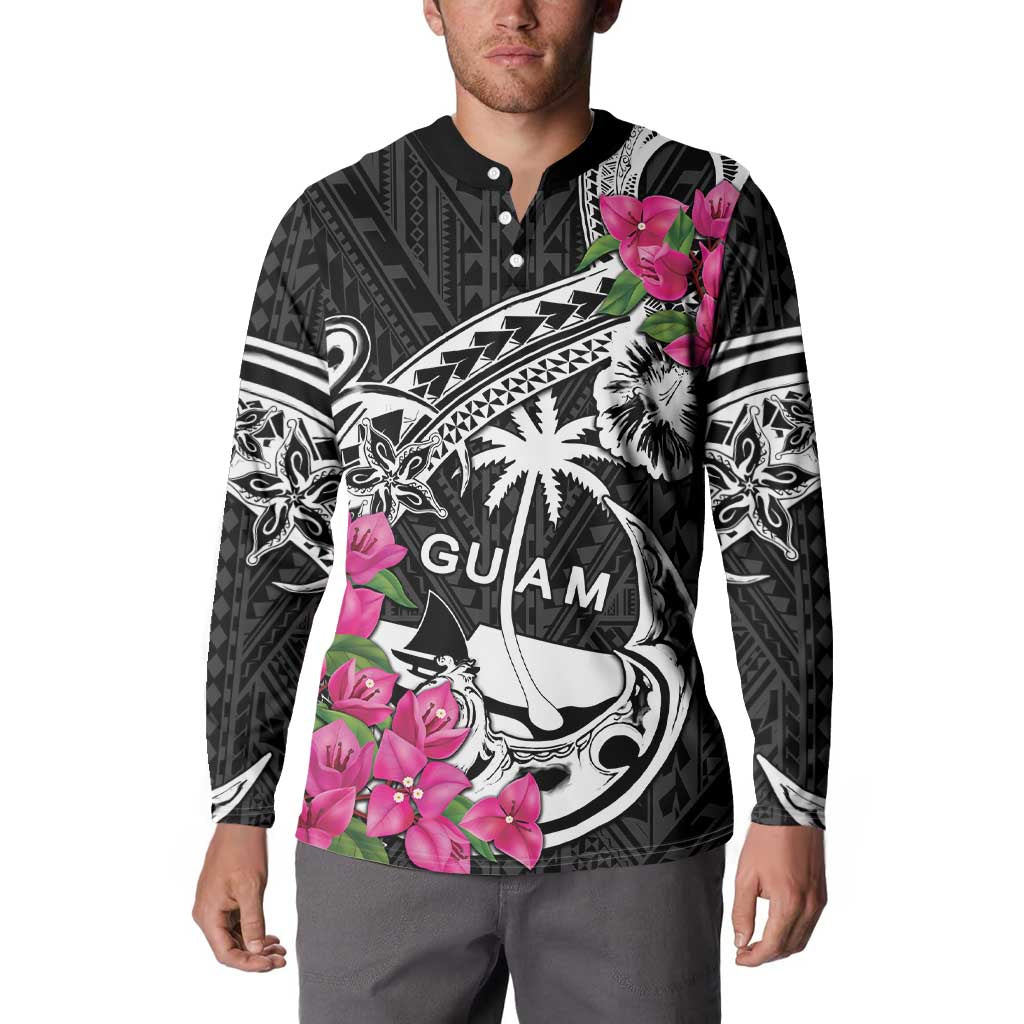 Guam Chamorro Button Sweatshirt Bougainvillea Black Polynesian Tribal Pattern LT05 - Polynesian Pride