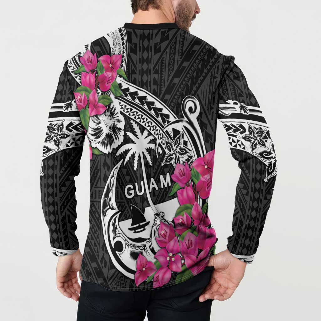 Guam Chamorro Button Sweatshirt Bougainvillea Black Polynesian Tribal Pattern LT05 - Polynesian Pride