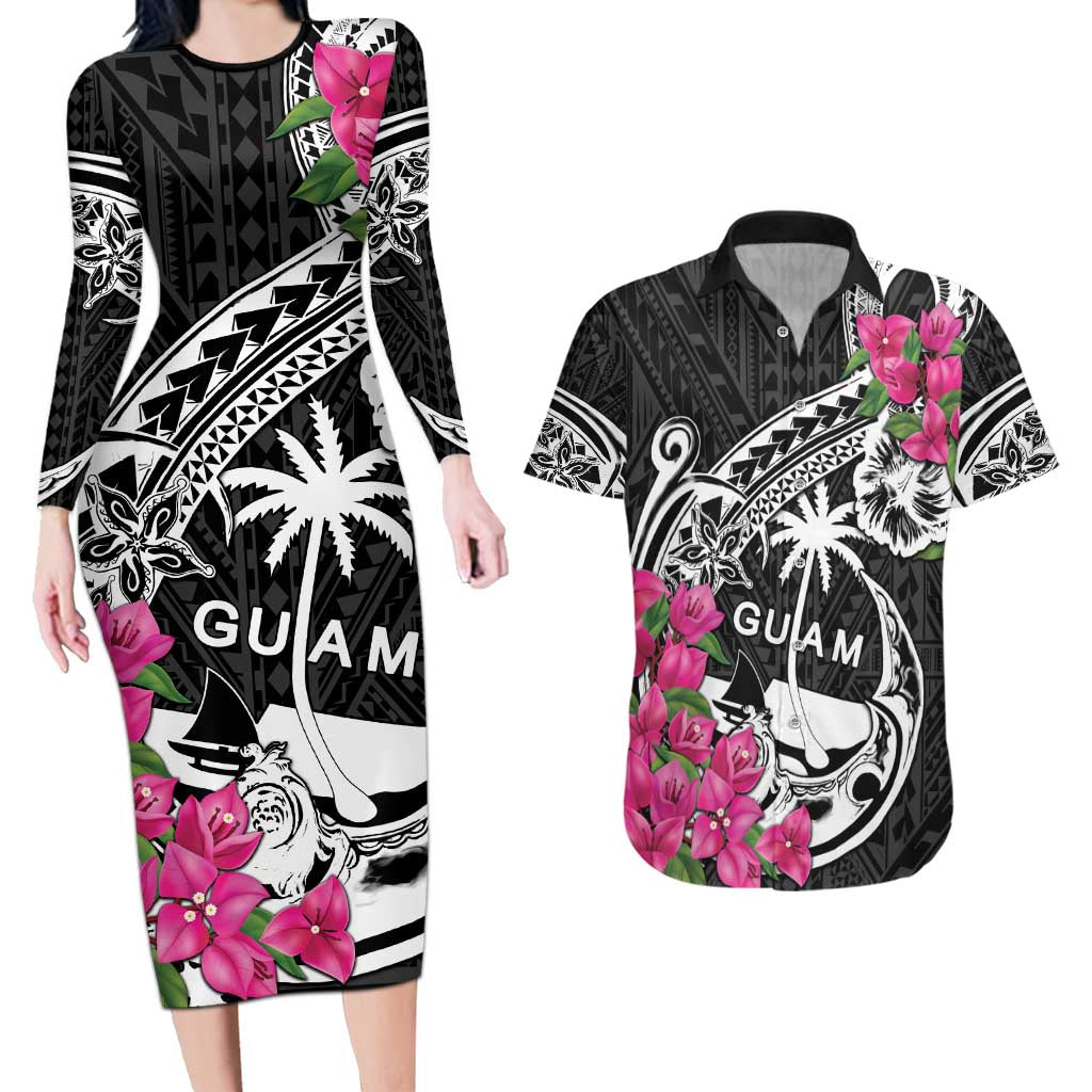 Guam Chamorro Couples Matching Long Sleeve Bodycon Dress and Hawaiian Shirt Bougainvillea Black Polynesian Tribal Pattern LT05 Black - Polynesian Pride