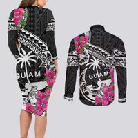 Guam Chamorro Couples Matching Long Sleeve Bodycon Dress and Long Sleeve Button Shirt Bougainvillea Black Polynesian Tribal Pattern LT05 - Polynesian Pride