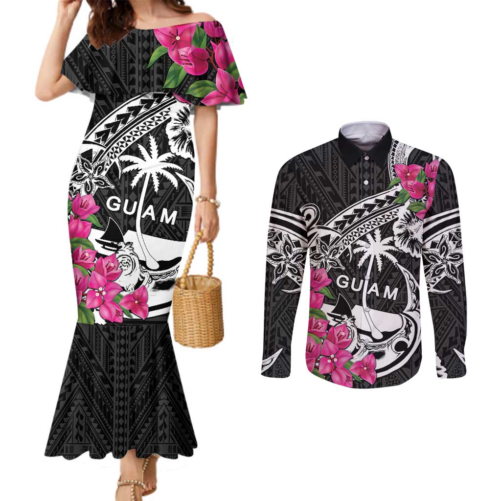 Guam Chamorro Couples Matching Mermaid Dress and Long Sleeve Button Shirt Bougainvillea Black Polynesian Tribal Pattern LT05 Black - Polynesian Pride