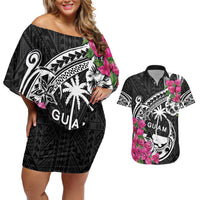 Guam Chamorro Couples Matching Off Shoulder Short Dress and Hawaiian Shirt Bougainvillea Black Polynesian Tribal Pattern