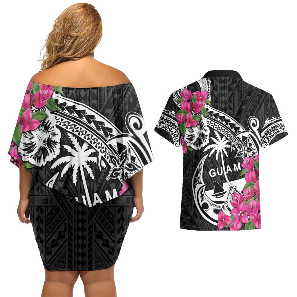 Guam Chamorro Couples Matching Off Shoulder Short Dress and Hawaiian Shirt Bougainvillea Black Polynesian Tribal Pattern