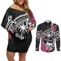 Guam Chamorro Couples Matching Off Shoulder Short Dress and Long Sleeve Button Shirt Bougainvillea Black Polynesian Tribal Pattern