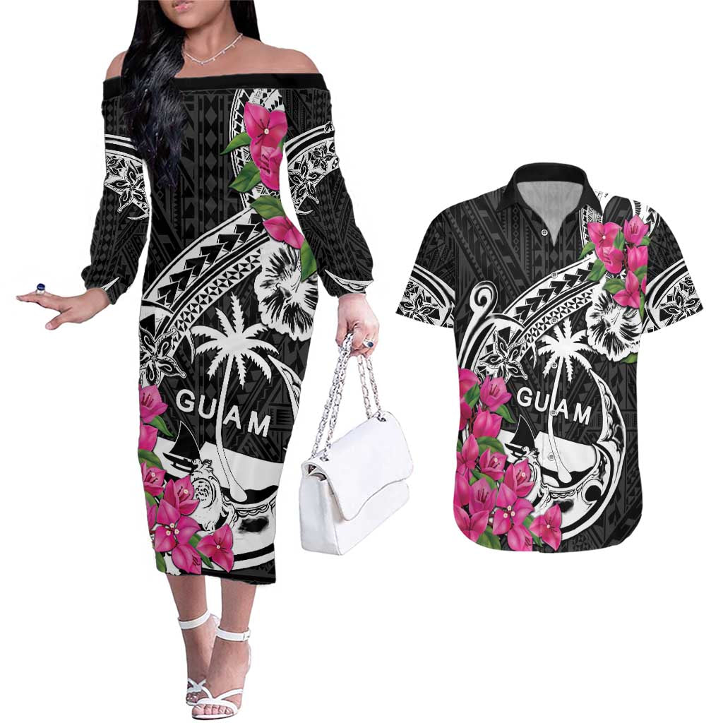 Guam Chamorro Couples Matching Off The Shoulder Long Sleeve Dress and Hawaiian Shirt Bougainvillea Black Polynesian Tribal Pattern LT05 Black - Polynesian Pride