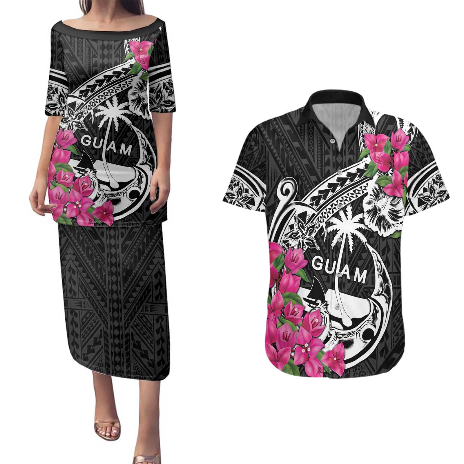 Guam Chamorro Couples Matching Puletasi and Hawaiian Shirt Bougainvillea Black Polynesian Tribal Pattern LT05 Black - Polynesian Pride