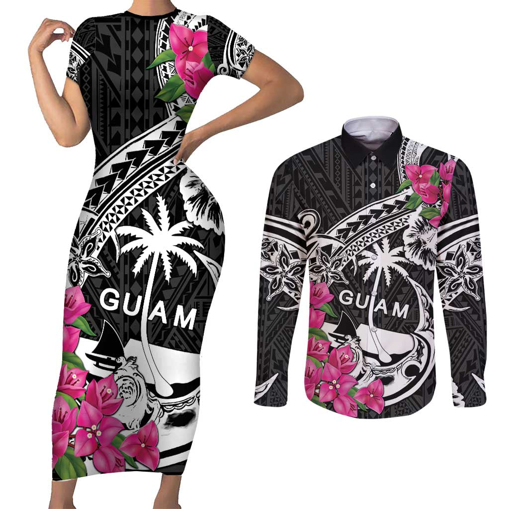 Guam Chamorro Couples Matching Short Sleeve Bodycon Dress and Long Sleeve Button Shirt Bougainvillea Black Polynesian Tribal Pattern LT05 Black - Polynesian Pride