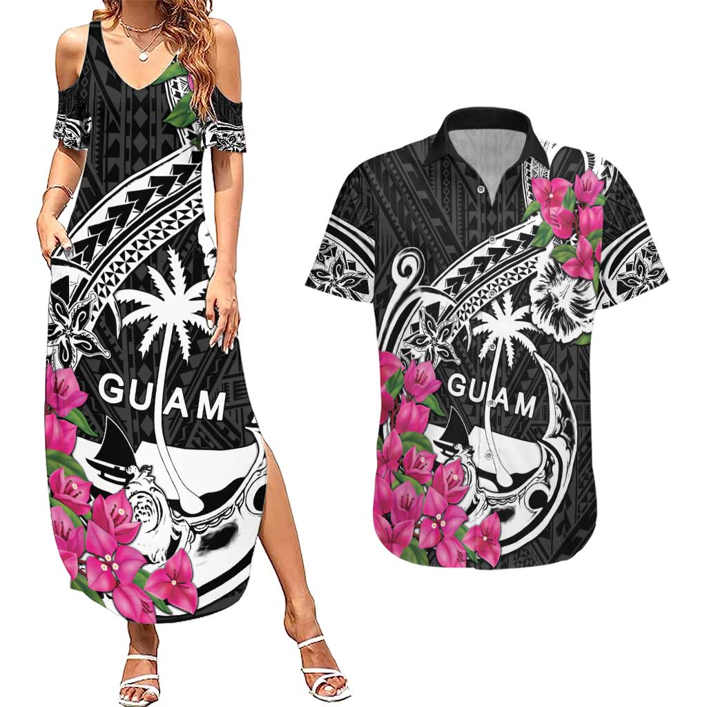Guam Chamorro Couples Matching Summer Maxi Dress and Hawaiian Shirt Bougainvillea Black Polynesian Tribal Pattern LT05 Black - Polynesian Pride