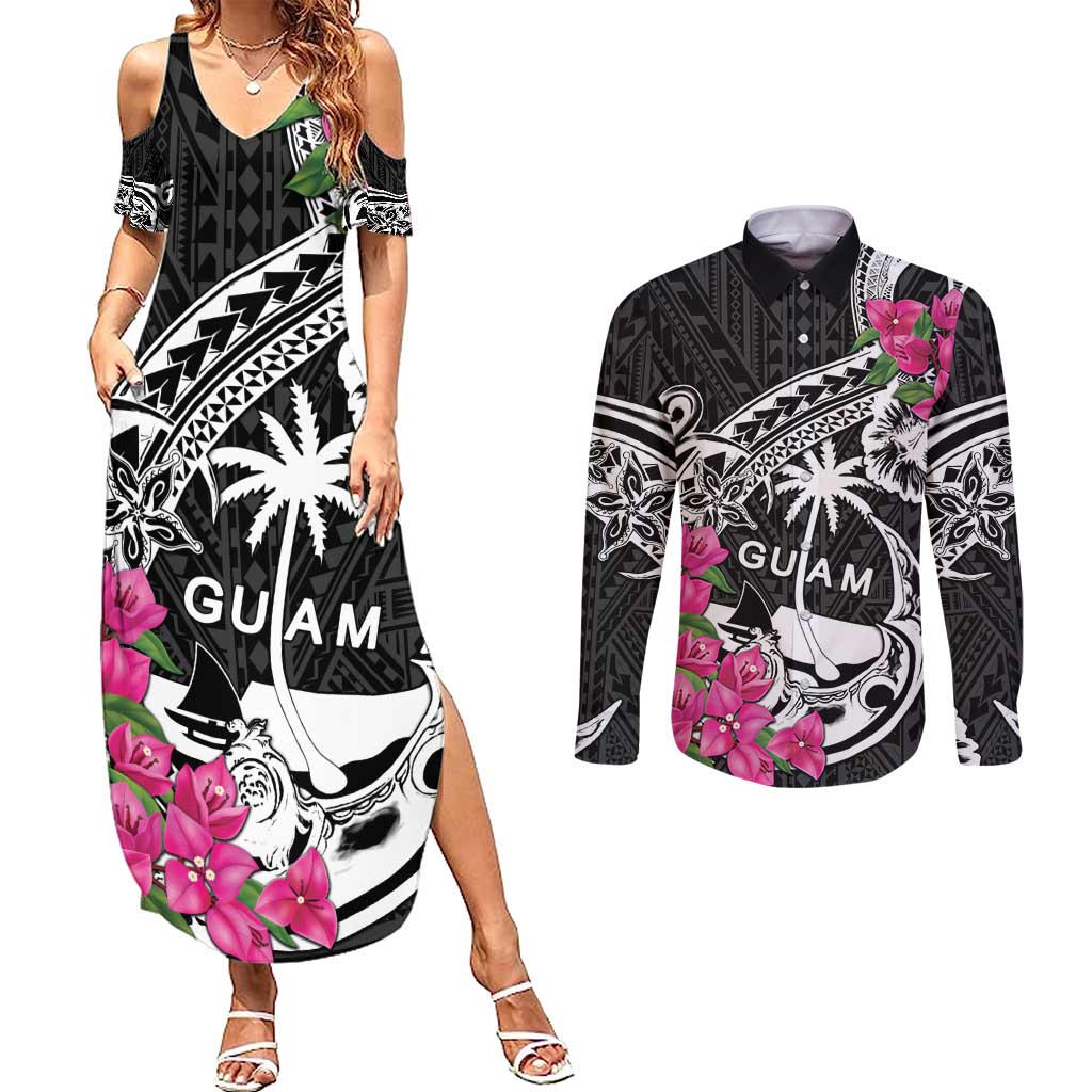 Guam Chamorro Couples Matching Summer Maxi Dress and Long Sleeve Button Shirt Bougainvillea Black Polynesian Tribal Pattern LT05 Black - Polynesian Pride