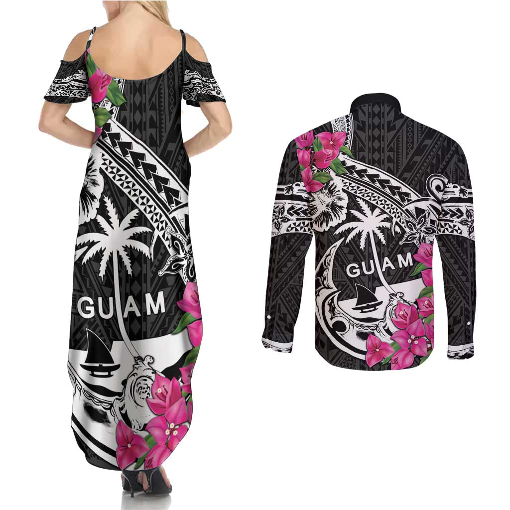 Guam Chamorro Couples Matching Summer Maxi Dress and Long Sleeve Button Shirt Bougainvillea Black Polynesian Tribal Pattern LT05 - Polynesian Pride