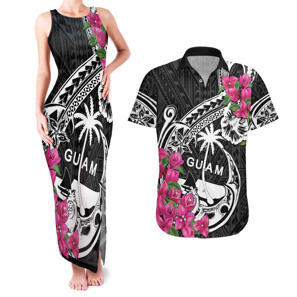 Guam Chamorro Couples Matching Tank Maxi Dress and Hawaiian Shirt Bougainvillea Black Polynesian Tribal Pattern LT05 Black - Polynesian Pride