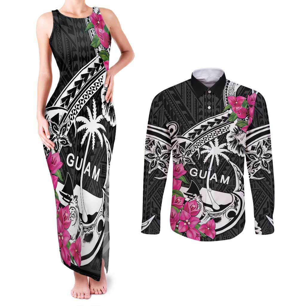 Guam Chamorro Couples Matching Tank Maxi Dress and Long Sleeve Button Shirt Bougainvillea Black Polynesian Tribal Pattern LT05 Black - Polynesian Pride