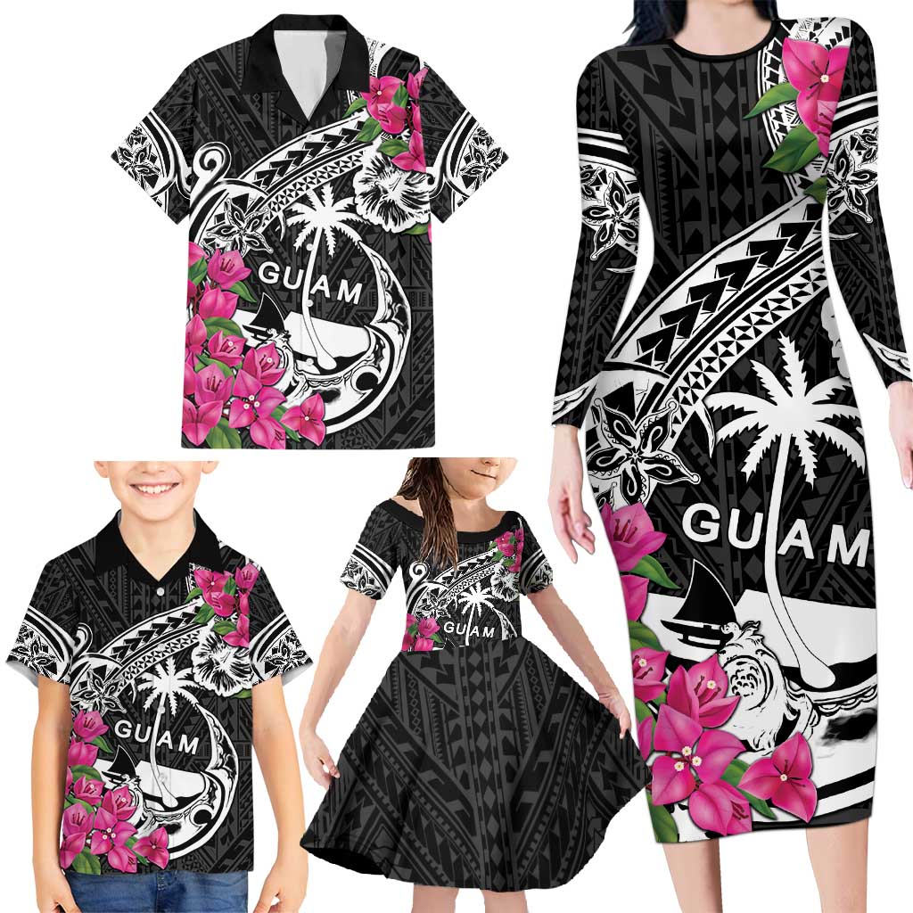 Guam Chamorro Family Matching Long Sleeve Bodycon Dress and Hawaiian Shirt Bougainvillea Black Polynesian Tribal Pattern