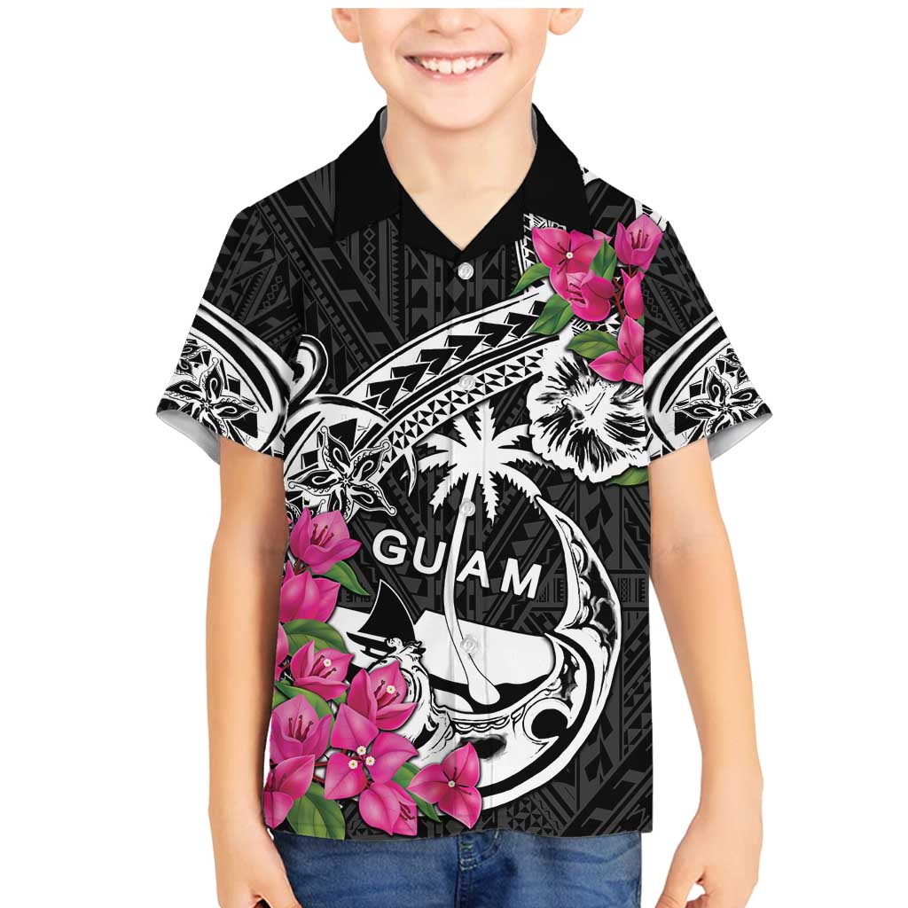 Guam Chamorro Family Matching Mermaid Dress and Hawaiian Shirt Bougainvillea Black Polynesian Tribal Pattern