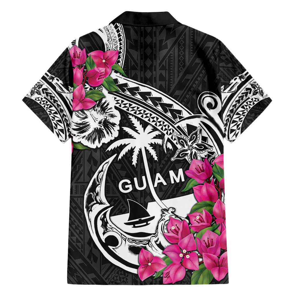 Guam Chamorro Family Matching Off Shoulder Maxi Dress and Hawaiian Shirt Bougainvillea Black Polynesian Tribal Pattern