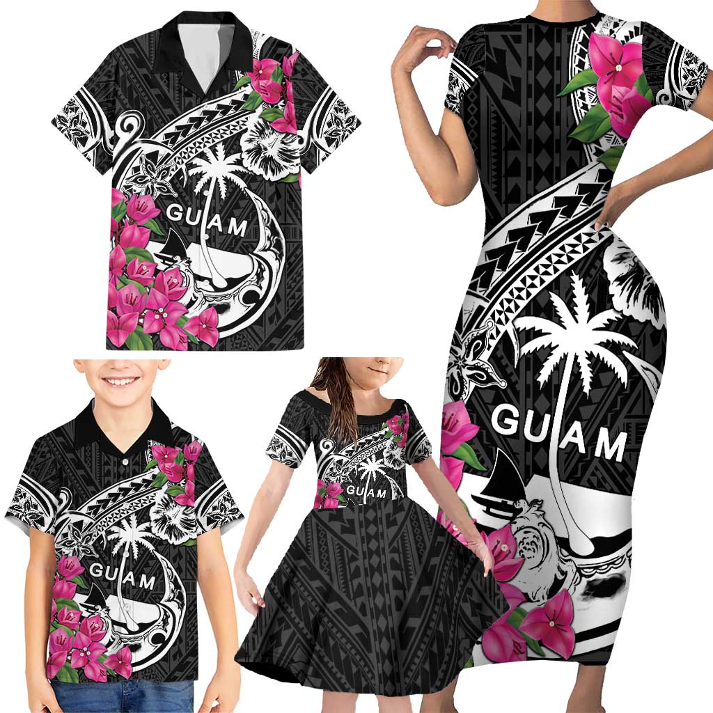 Guam Chamorro Family Matching Short Sleeve Bodycon Dress and Hawaiian Shirt Bougainvillea Black Polynesian Tribal Pattern