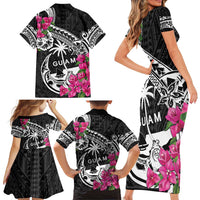 Guam Chamorro Family Matching Short Sleeve Bodycon Dress and Hawaiian Shirt Bougainvillea Black Polynesian Tribal Pattern
