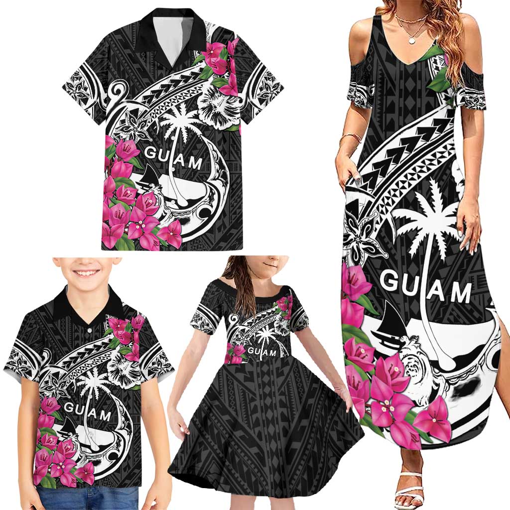 Guam Chamorro Family Matching Summer Maxi Dress and Hawaiian Shirt Bougainvillea Black Polynesian Tribal Pattern