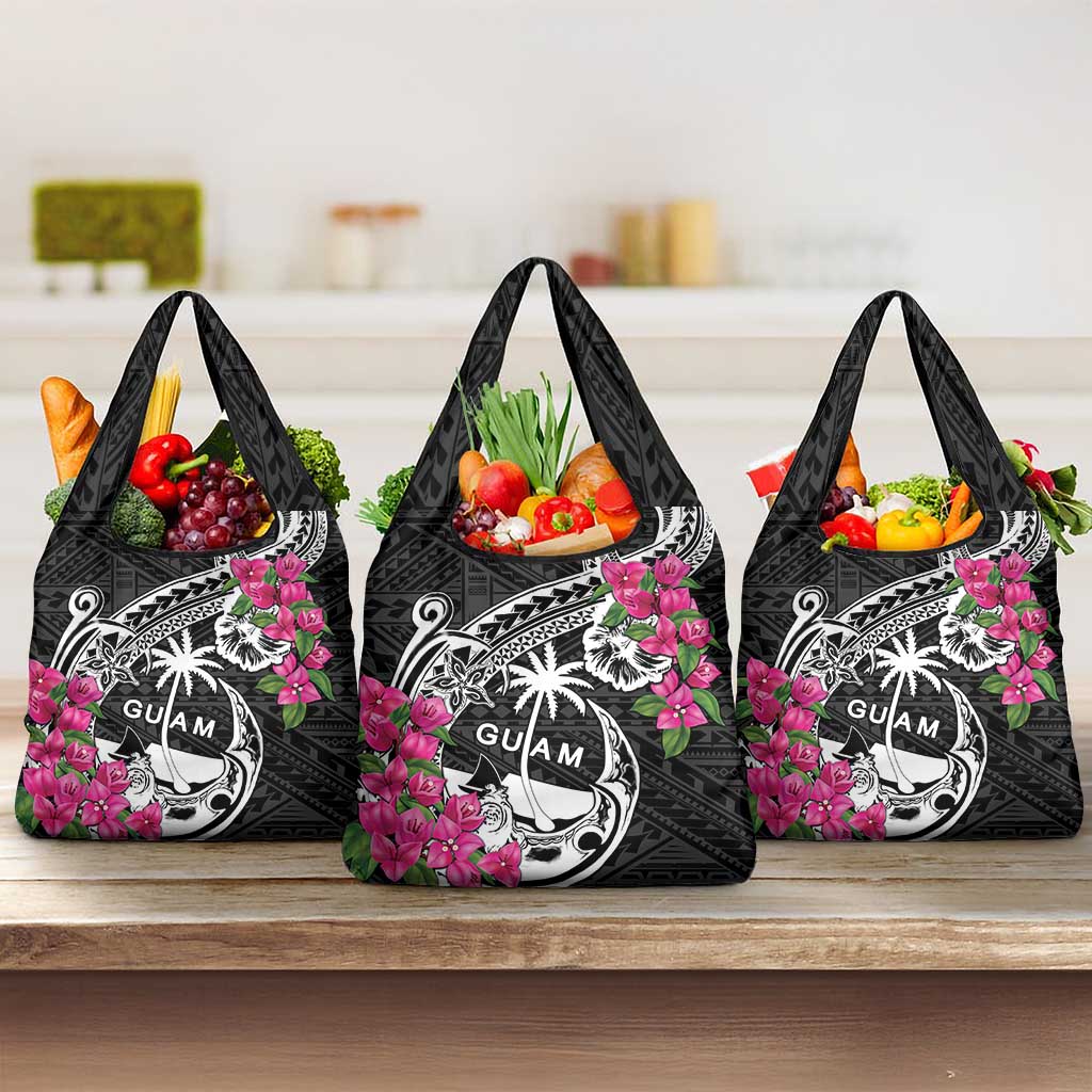 Guam Chamorro Grocery Bag Bougainvillea Black Polynesian Tribal Pattern LT05 3-pack One Size Black - Polynesian Pride