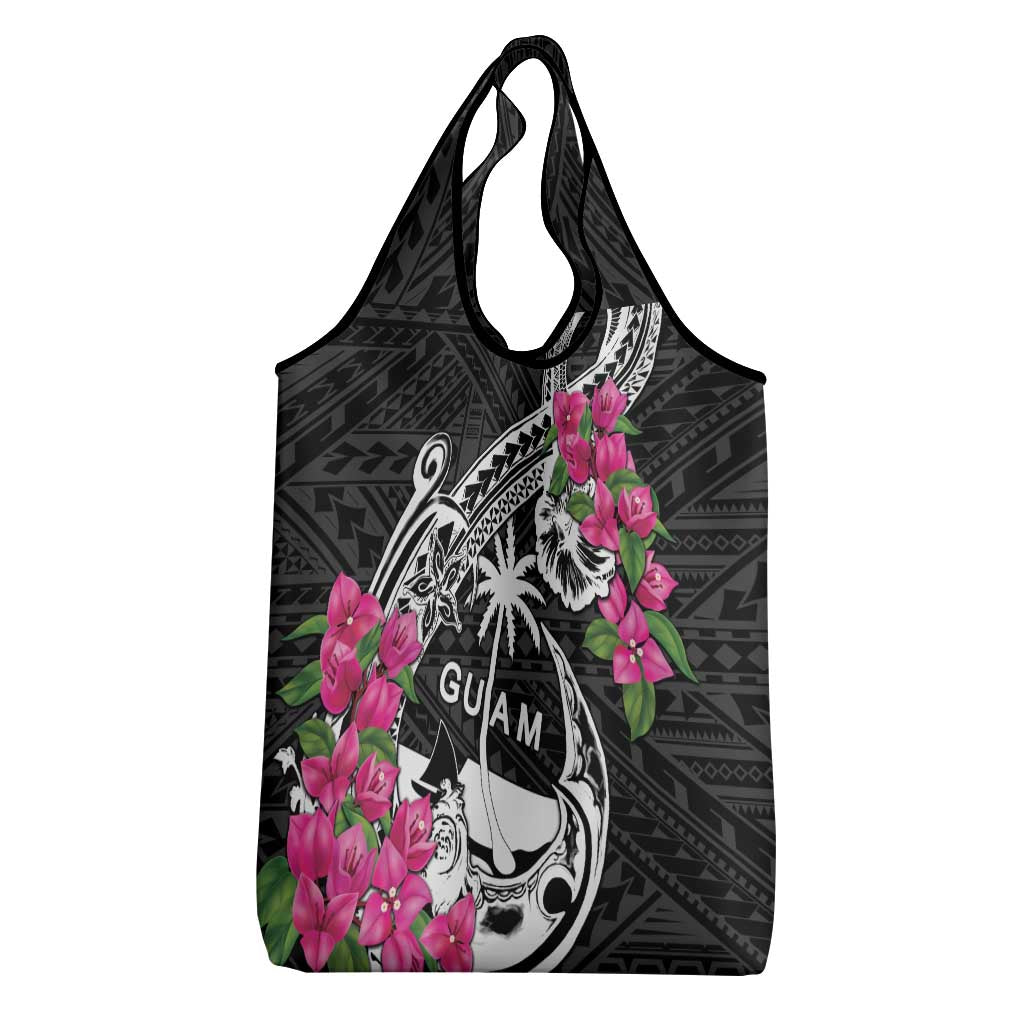 Guam Chamorro Grocery Bag Bougainvillea Black Polynesian Tribal Pattern LT05 - Polynesian Pride