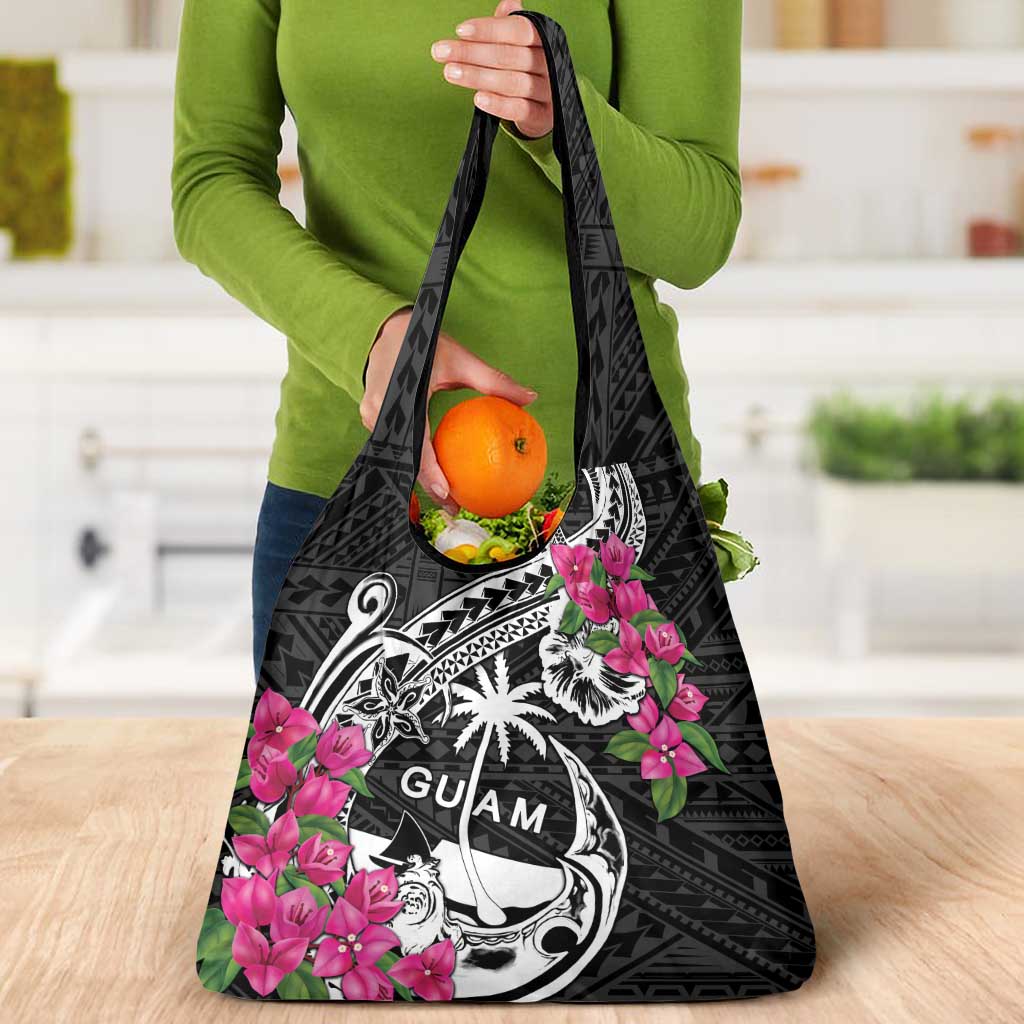 Guam Chamorro Grocery Bag Bougainvillea Black Polynesian Tribal Pattern LT05 - Polynesian Pride