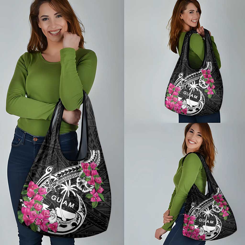 Guam Chamorro Grocery Bag Bougainvillea Black Polynesian Tribal Pattern LT05 - Polynesian Pride