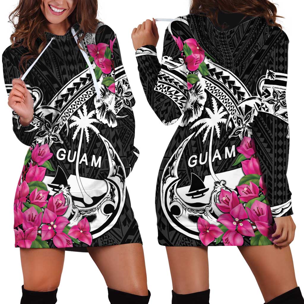 Guam Chamorro Hoodie Dress Bougainvillea Black Polynesian Tribal Pattern LT05 - Polynesian Pride