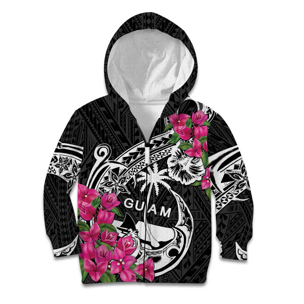 Guam Chamorro Kid Hoodie Bougainvillea Black Polynesian Tribal Pattern