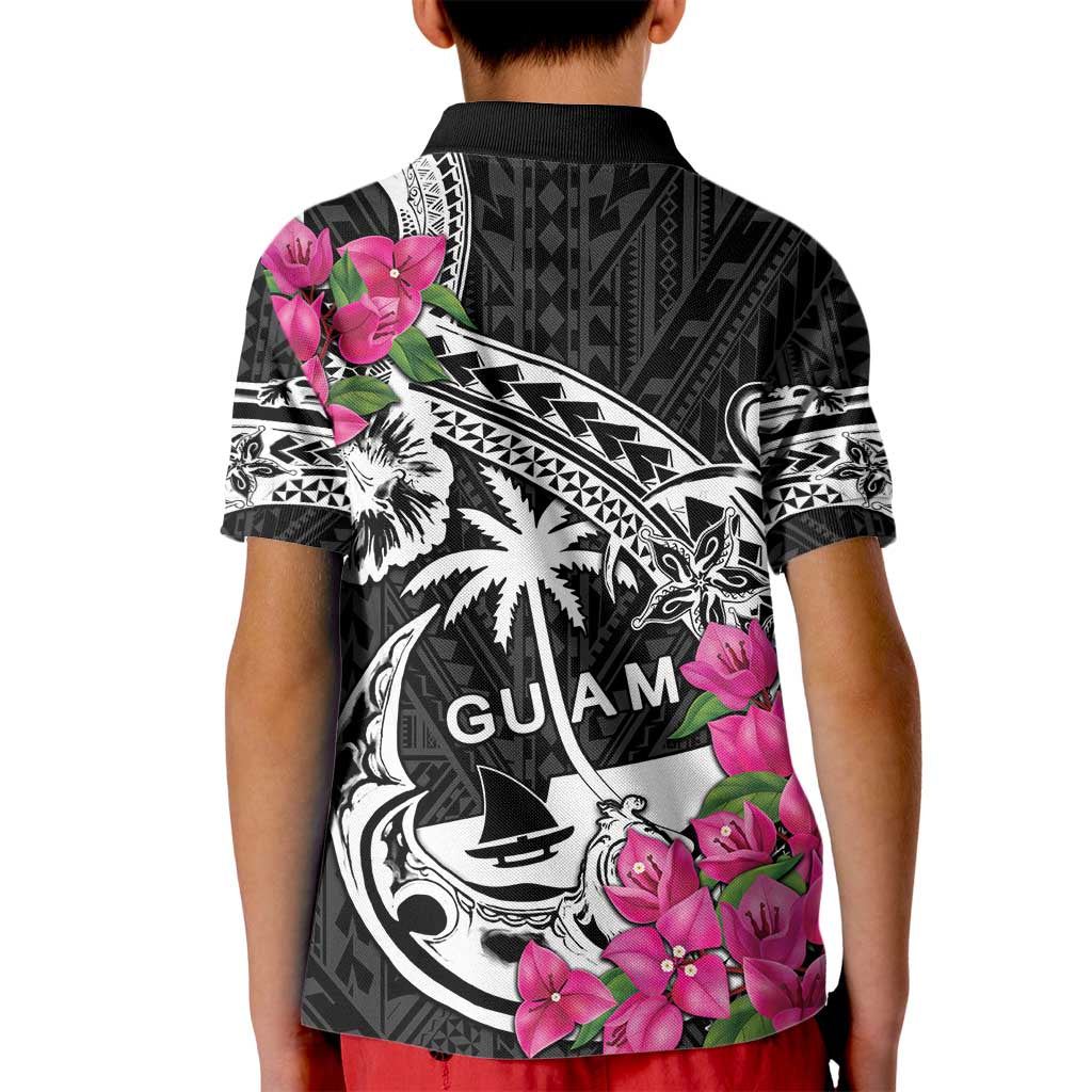 Guam Chamorro Kid Polo Shirt Bougainvillea Black Polynesian Tribal Pattern