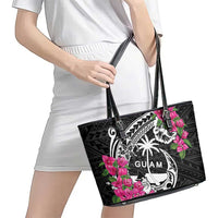 Guam Chamorro Leather Tote Bag Bougainvillea Black Polynesian Tribal Pattern