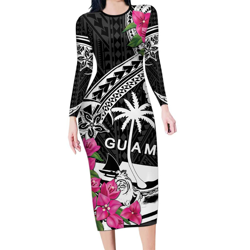 Guam Chamorro Long Sleeve Bodycon Dress Bougainvillea Black Polynesian Tribal Pattern
