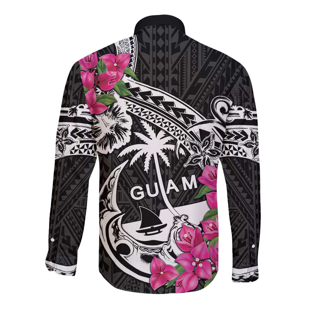 Guam Chamorro Long Sleeve Button Shirt Bougainvillea Black Polynesian Tribal Pattern LT05 - Polynesian Pride