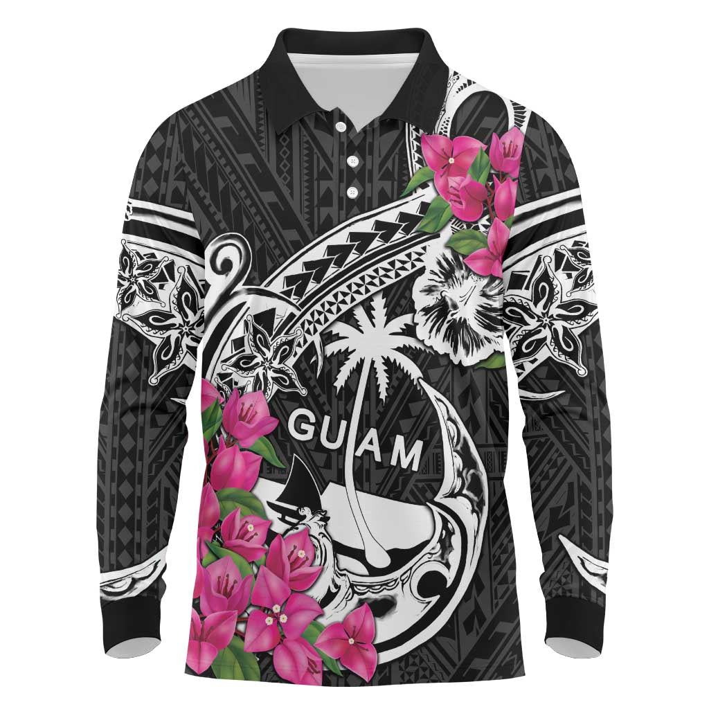 Guam Chamorro Long Sleeve Polo Shirt Bougainvillea Black Polynesian Tribal Pattern