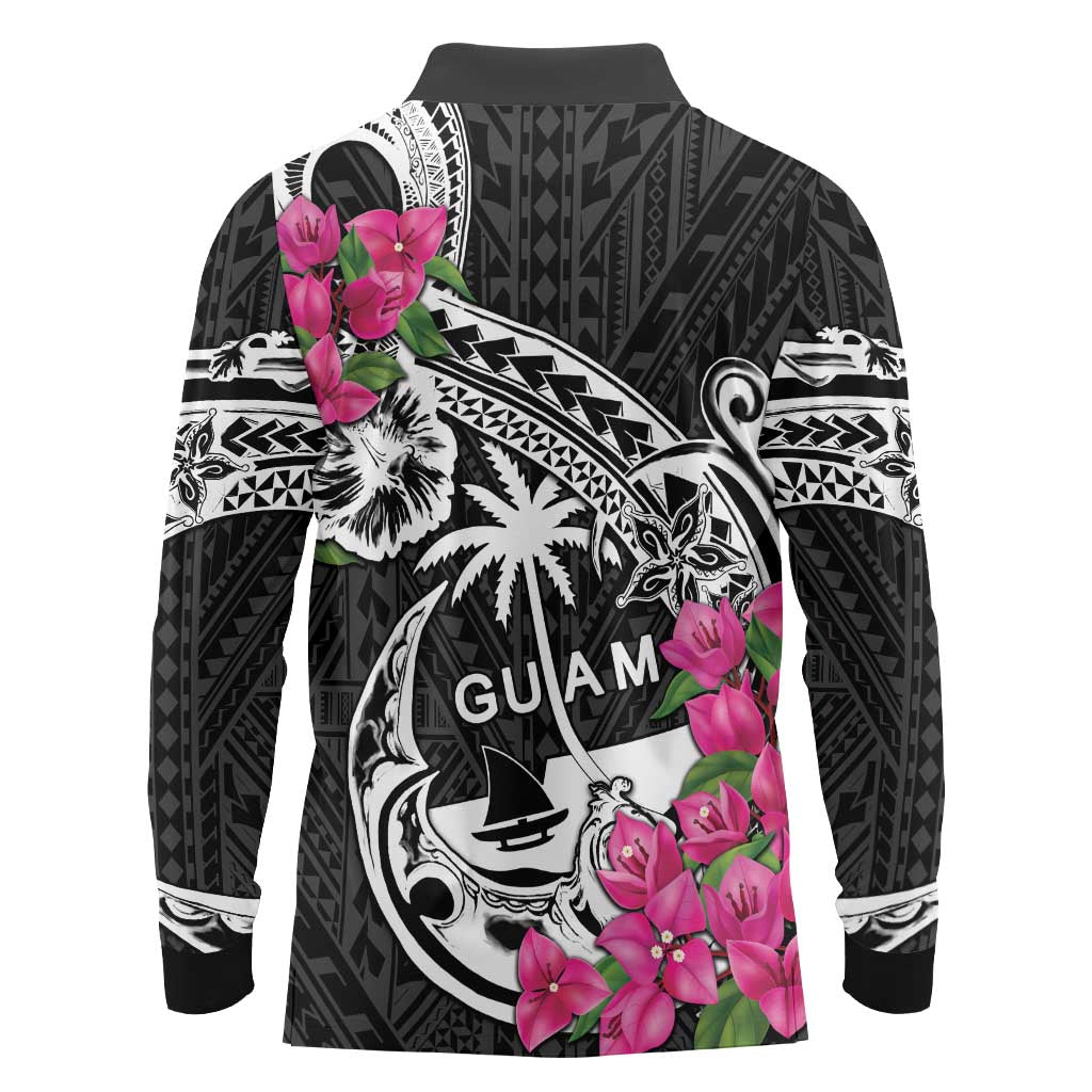Guam Chamorro Long Sleeve Polo Shirt Bougainvillea Black Polynesian Tribal Pattern LT05 - Polynesian Pride