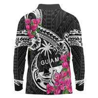 Guam Chamorro Long Sleeve Polo Shirt Bougainvillea Black Polynesian Tribal Pattern LT05 - Polynesian Pride