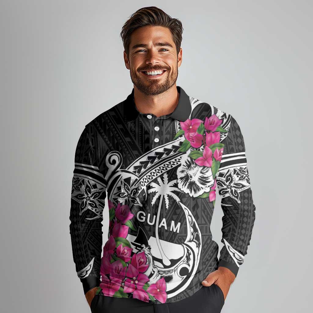 Guam Chamorro Long Sleeve Polo Shirt Bougainvillea Black Polynesian Tribal Pattern LT05 - Polynesian Pride